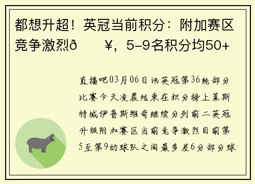 都想升超！英冠当前积分：附加赛区竞争激烈🔥，5-9名积分均50+